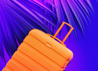 Fluorescent summer travel background. Orange luggage with palm leaf decoration on vibrant purple background. 3D Rendering, 3D Illustration