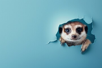 Meerkat peeking through a torn blue paper wall.