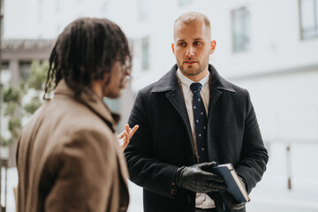 A focused image capturing a business discussion between two male people dressed in winter coats...