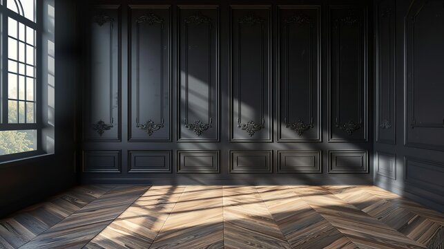 black classic wall panel in the empty room interior for background