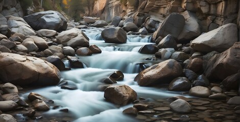 Water flowing through a landscape of rocks and mountains, creating streams, waterfalls