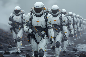 A formation of futuristic robotic soldiers marching through what appears to be a desolate, rocky landscape, cold and hostile environment. Gen AI - obrazy, fototapety, plakaty
