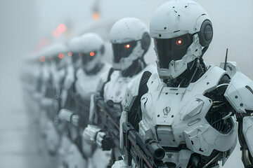 Humanoid robots standing in a line, highly detailed robots, white armor with black and orange details, AI robots, robot army, futuristic warfare, dystopian future. Gen AI