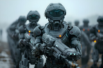 A group of futuristic robots, android soldiers, in a cohesive unit with a focus on the one in the forefront. Dark, graphite-colored armor. Gen AI - obrazy, fototapety, plakaty
