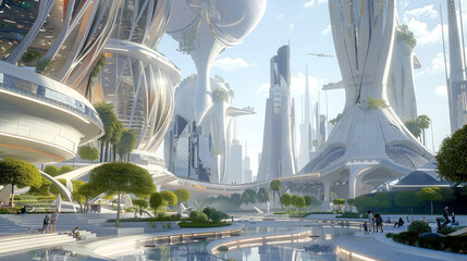 Future city with white fantastic buildings, river and greenery. Neo-futurism in architecture. AI generated illustration.
