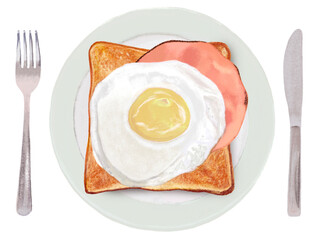 ハムエッグトースト（皿、カトラリー付き）固焼き