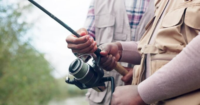 Hands, people and outdoor with fishing rod in nature with teaching, excited or help for catch. Friends, fisherman and together for game, sport or angling for support in countryside, bush or vacation