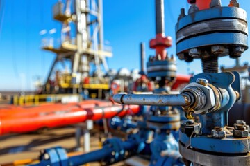 Oil drilling machinery components with a clear sky background.