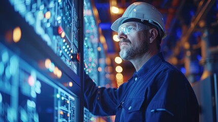 Naklejka premium engineer controller working with data base from Scada system computer screen.