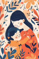 vector illustration mother with her kid flowers background