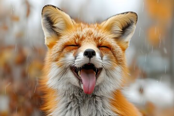 Obraz premium Joyful Fox in Blissful Laugh on Neutral Backdrop. Concept Fox Photography, Animal Portraits, Neutral Background, Joyful Expressions