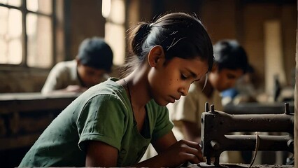 Exploited children in illegal sweatshop sewing workshop video animation