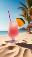 multi-colored fruity cocktail on the sand against the backdrop of the sea in summer on a sunny day.The concept of travel, relaxation, vacation