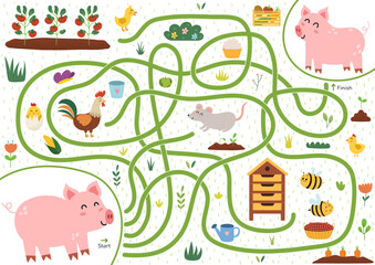 Help mother pig to find a way to her baby piglet. Farm maze activity for kids. Mini game for school and preschool. Vector illustration - 783432662