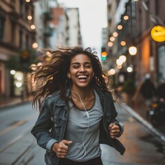 Fototapeta premium Joyful young woman running on city street with headphones