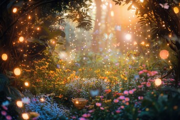 A mystical garden with glowing orbs and butterflies, dappled with sunlight filtering through dense foliage. - obrazy, fototapety, plakaty