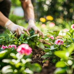 Gardening hands planting flowers in a sunny garden