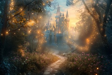 A fantasy castle illuminated by glowing lights on a magical pathway through an enchanting forest.