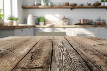 Close-up of a textured wooden kitchen table with a blurred background showcasing a bright, modern farmhouse kitchen.