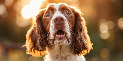 Close-up of a Springer Spaniel dog in warm sunlight