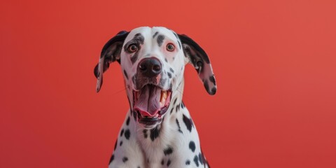 Happy Dalmatian dog against a bright red background suitable for pet care industry