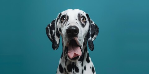 Close-up of a Dalmatian dog against a blue background suitable for pet industry