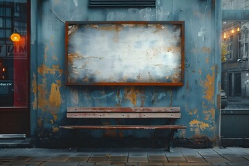 Rustic Urban Billboard With Bench - A City's Story Canvas. Concept Cityscape, Rustic Design, Urban Lifestyle, Outdoor Art Installation, Bench Seating