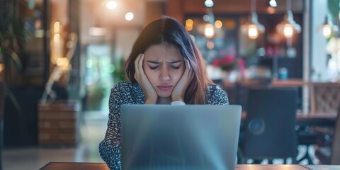 Stressed young woman working on laptop in a cafe