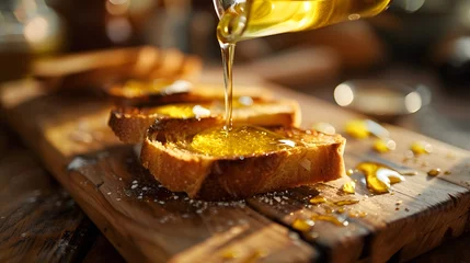 Fotobehang Pouring olive oil on caprese salad. Healthy italian or mediterranean meal © Ziyan
