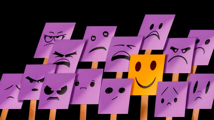 Attitude. Faces with different emotions, drawn by children on post-it papers. You have the option.