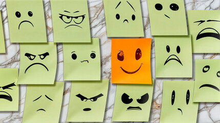 Attitude. Faces with different emotions, drawn by children on post-it papers. You have the option.