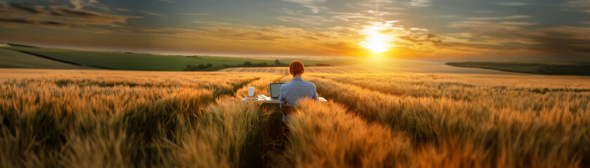 A panoramic, widescreen photo of a white male office worker with red hair sitting at a desk in the middle of a golden field at sunrise with a laptop and a cup of coffee on the desk working remote