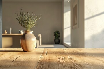 Wooden table with a vase of dried flowers, sunlit room with soft shadows.