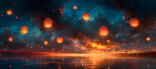 A vibrant tapestry of lanterns dancing in the night sky, painting the darkness with their luminous hues