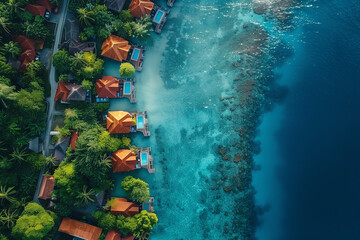 Aerial view of island with bungalows in tropical ocean.