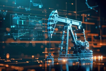Digital rendering of a futuristic oil pump jack with overlaying data analytics graphics. - obrazy, fototapety, plakaty