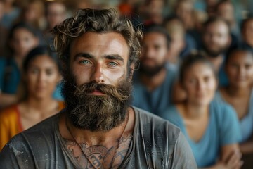 Obraz premium Soloist's Gaze Amidst an Audience. Concept Solo Performance, Captivating Moments, Expressive Facial Expressions, Stage Presence, Emotional Connection