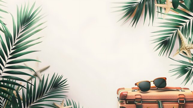 vacation travel time banner, travel suitcase with sunglasses to exotic destination of hotel pillows at tropical palm trees beach, isolated on white background with copy space area