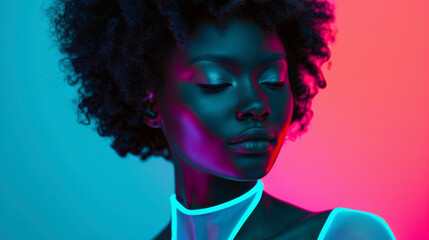 In this avantgarde fashion image a black woman captivates in a glowing bodysuit that highlights her natural curves. The bioluminescent material illuminates her from within a symbol . - obrazy, fototapety, plakaty