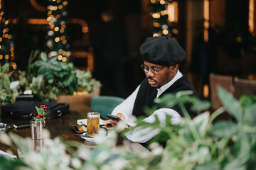 Focused entrepreneur working on a smart phone in a cozy coffee shop.
