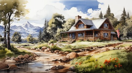 Fototapeta na wymiar Rustic Cabin in Serene Mountainous Landscape