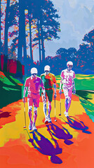 Obraz na płótnie Canvas a risograph filter print of a group of skeletons at a national golf course walking down the fairway in golf clothing, illustration made with Generative Ai