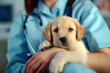 The puppy is held by a veterinarian in a blue coat with a stethoscope around his neck.