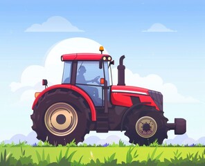 A red tractor on the field, simple flat  illustration style, flat design, simple background with clouds and grass