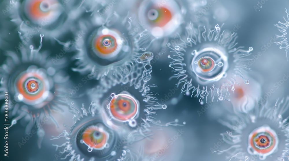 Poster a of paramecia swimming in a drop of water with their synchronized movements creating a mesmerizing 