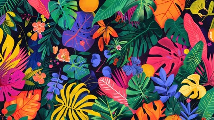 Obraz na płótnie Canvas A vibrant and colorful illustration of tropical leaves, fruits, flowers, and animals