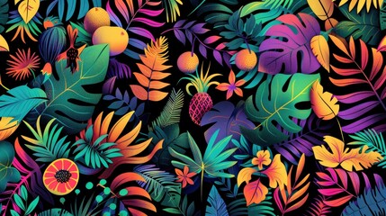 A vibrant and colorful illustration of tropical leaves, fruits, flowers, and animals