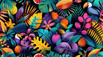 Obraz na płótnie Canvas A vibrant and colorful illustration of tropical leaves, fruits, flowers, and animals