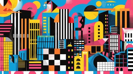 Abstract flat art depicting colorful geometric buildings and a cityscape on a checkered pattern background