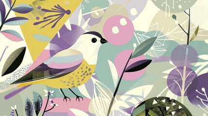 Fototapeta na wymiar Abstract flat illustration of a bird in a garden, with geometric shapes and forms